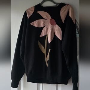Ella Manfredi Black Sweatshirt Large Pink Floral Appliqué Pullover Made In USA